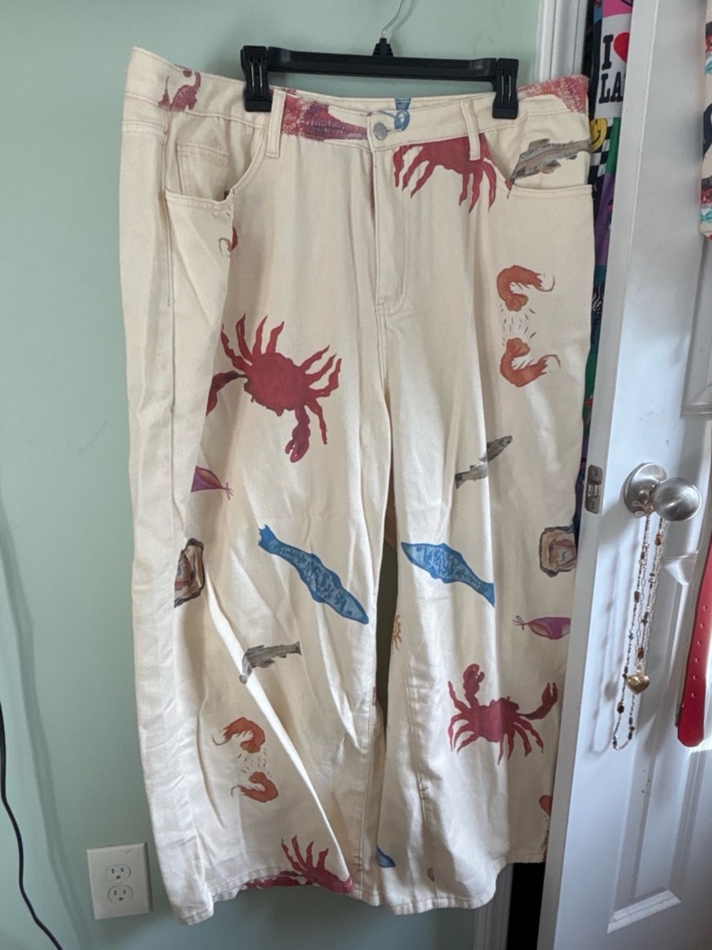 Cream Canvas Women’s Pants with Red Crab & Blue Fish Print